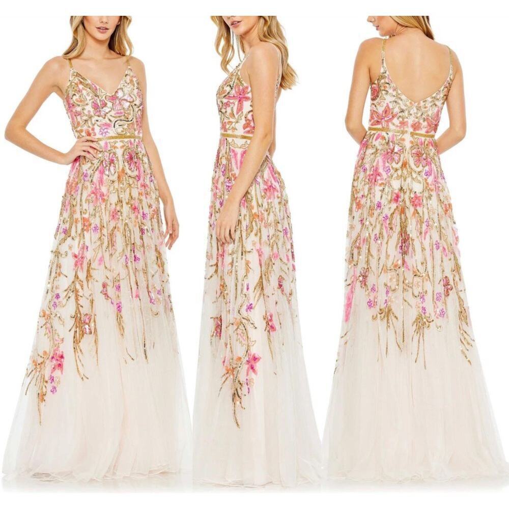 Mac Duggal Women's V Neck Floral Embellished Spaghetti Strap Gown Size 8 Nwt